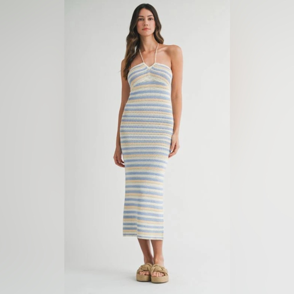 Mable Blue and Tan Ribbed Crochet Halter Midi Dress